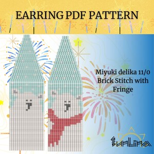 May include: Earring PDF pattern featuring a beaded design. The earrings are white with a light blue top and a red scarf. The text on the image says "Miyuki delica 11/0 Brick Stitch with Fringe."