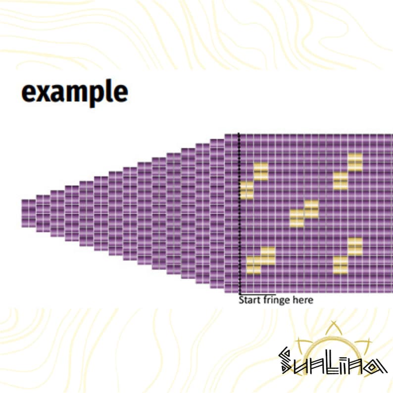 Puede incluir: Ilustraci&oacute;n digital de un patr&oacute;n de cuentas en tonos morados y dorados. La palabra "example" est&aacute; en la parte superior izquierda. El texto "Start fringe here" est&aacute; cerca de una l&iacute;nea de puntos negra vertical. El logotipo de Sunaliha est&aacute; en la parte inferior derecha.