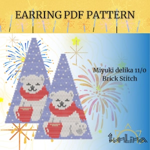 May include: A PDF pattern for earrings featuring a design of two white bears wearing red scarves and holding red mugs, set against a blue and white triangle background. The text "EARRING PDF PATTERN" is at the top.