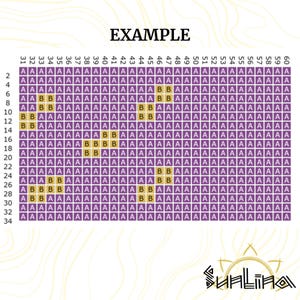 Puede incluir: Un patr&oacute;n en forma de cuadr&iacute;cula con la palabra "EXAMPLE" en la parte superior. La cuadr&iacute;cula est&aacute; compuesta por cuadrados morados con las letras "A" y "B" en blanco y amarillo. El logotipo "Sualina" est&aacute; en la parte inferior.