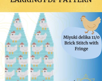 Patrón de abalorios para pendientes de pollo en PDF: Flecos de punto ladrillo de granja, Miyuki Delica 11/0