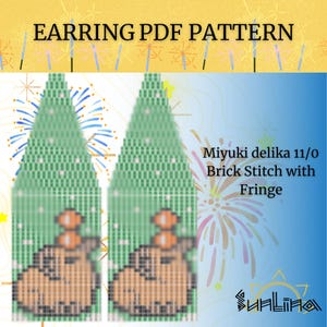 May include: An earring PDF pattern with a green and white design, featuring a brown figure with an orange top. The text reads "EARRING PDF PATTERN" and "Miyuki delica 11/0 Brick Stitch with Fringe". The background is yellow with fireworks.