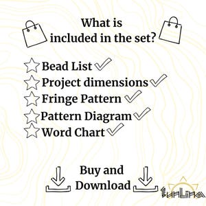 Puede incluir: Un gr&aacute;fico digital con el texto "What is included in the set?" y una lista de elementos: Lista de cuentas, Dimensiones del proyecto, Patr&oacute;n de flecos, Diagrama de patr&oacute;n y Tabla de palabras. Incluye una secci&oacute;n "Comprar y descargar".