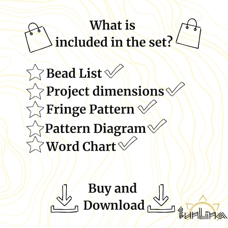 Puede incluir: Un gr&aacute;fico digital con el texto "What is included in the set?" y una lista de elementos: Lista de cuentas, Dimensiones del proyecto, Patr&oacute;n de flecos, Diagrama de patr&oacute;n y Tabla de palabras. Incluye una secci&oacute;n "Comprar y descargar".