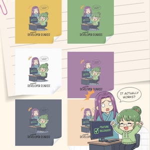 May include: A collection of colorful square stickers and a larger illustration featuring the text "Developer Diaries." The illustrations depict a cartoon scene of a person celebrating a successful software feature release. The text "It Actually Works?" is also present.