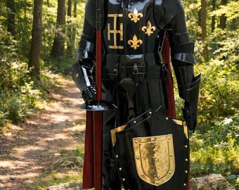 Handmade Black Steel Templar Knight Armor | Full Suit with Stand | Medieval Crusader Costume Display