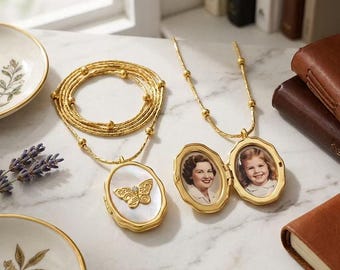 Personalisierte 18K Gold Schmetterling Perlmutt Medaillon Halskette mit Foto, personalisierte Erinnerung Geschenk