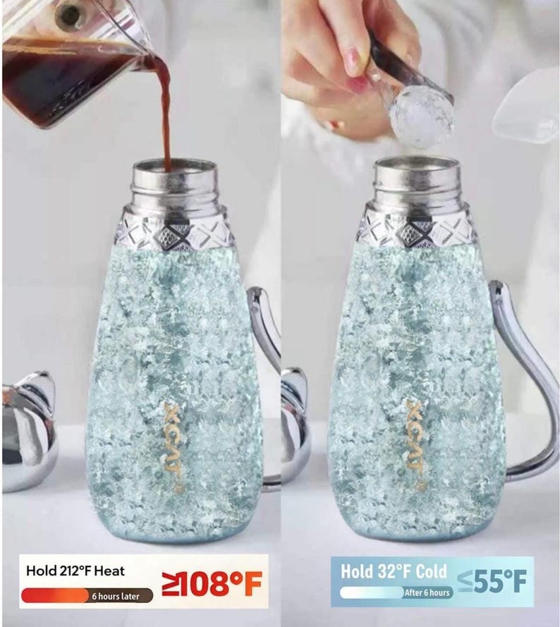 Puede incluir: Un vaso aislado de doble pared con asa y tapa plateadas, lleno de hielo y caf&eacute;. El vaso es de color azul claro con un dise&ntilde;o texturizado. El texto indica que mantiene el calor por encima de 42&deg;C despu&eacute;s de 6 horas y el fr&iacute;o por debajo de 13&deg;C despu&eacute;s de 6 horas.