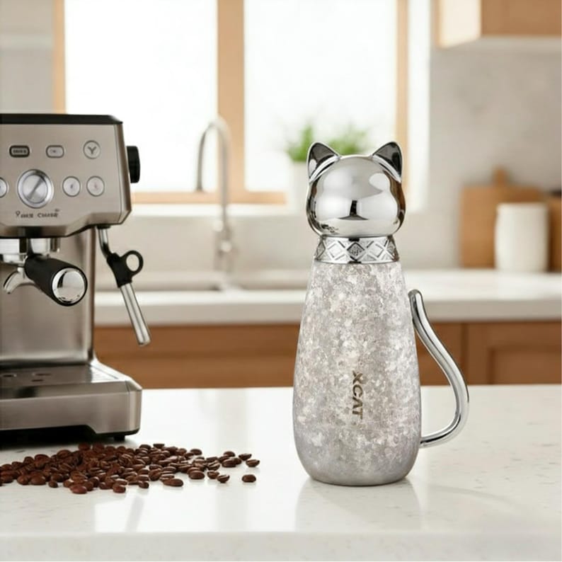 Puede incluir: Una taza de caf&eacute; con forma de gato de acero inoxidable con cabeza plateada y cuerpo moteado texturizado. La taza tiene un asa con forma de cola de gato y el texto "XCAT" est&aacute; impreso en el lateral. Una cafetera y granos de caf&eacute; est&aacute;n en el fondo.