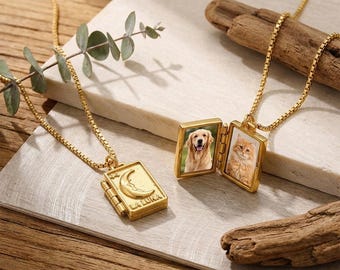 Custom 18K Gold Locket Necklace, Engraved Moon Locket with Photo, Personalized Memorial Gift