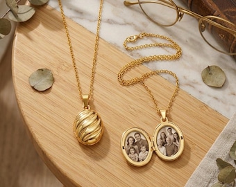 Benutzerdefinierte 18K Gold Locket Halskette, graviertes ovales Medaillon mit Foto, personalisiertes Erinnerungsgeschenk