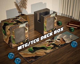 May include: An MTG/TCG deck box set with a matching playmat. The box and mat feature a fantasy art design with brown, green, and tan tones. The set includes a cube-shaped deck box, a card holder, and a long playmat. Dice are also visible.
