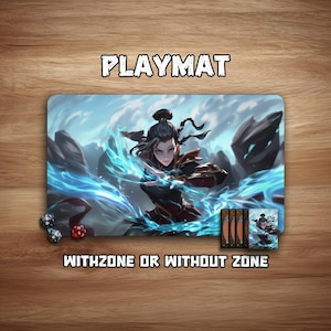 May include: A rectangular playmat featuring a fantasy character with blue energy effects, set against a backdrop of mountains and sky. The word "PLAYMAT" is at the top, and "WITHZONE OR WITHOUT ZONE" is at the bottom. Dice and cards are also visible.