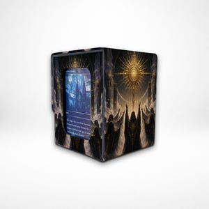 May include: A rectangular deck box for trading cards featuring a dark, fantasy-themed illustration of hooded figures reaching toward a radiant golden sun. A clear window on the front displays a blue-toned card with stained glass imagery.