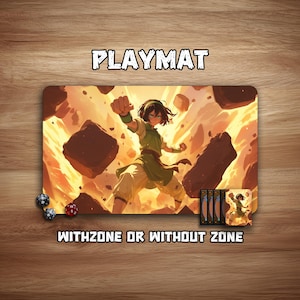 Op de afbeelding: Een rechthoekige speelmat met het woord "PLAYMAT" in witte blokletters. De speelmat toont een dynamische illustratie van een personage in een groene en beige outfit, omringd door vurige rotsen. De tekst "WITHZONE OR WITHOUT ZONE" staat onderaan.