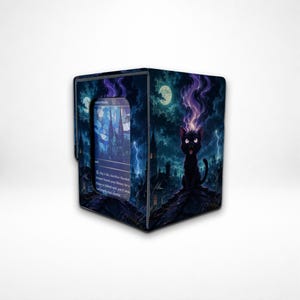 May include: A rectangular deck box featuring a dark fantasy illustration of a black cat sitting on a rooftop under a full moon and lightning. The box displays a visible trading card through a front window, showing blue stained glass artwork.