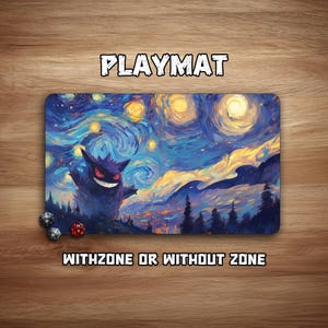 May include: A rectangular playmat with a Gengar character set against a starry night backdrop. The playmat has the text "PLAYMAT" at the top and "WITHZONE OR WITHOUT ZONE" at the bottom. Dice are visible in the lower left corner.