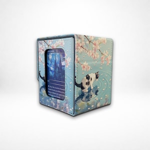 MTG/TCG Deck Box With Commander Display | Leather Card Storage | Pink Petal Floating Cat| Attached-Lid