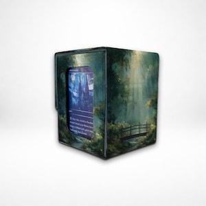 MTG/TCG Deck Box With Commander Display | Leather Card Storage | Sunny Forest Stream Bridge| Attached-Lid