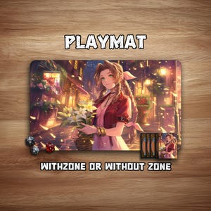 Könnte beinhalten: Rechteckige Spielmatte mit einer Anime-Illustration einer Frau, die Blumen in einem Korb hält, vor einer europäischen Straßenszene. Die Texte "PLAYMAT" und "WITHZONE OR WITHOUT ZONE" sind zu sehen. Würfel und Spielkarten sind ebenfalls sichtbar.