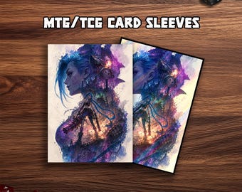 May include: Card sleeves for MTG/TCG games. The sleeves feature a colorful illustration of a character with blue hair and purple accents. The text "MTG/TCG CARD SLEEVES" is displayed in white. Dice are visible in the background.