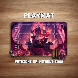 May include: A rectangular playmat with a fantasy illustration. The image features a character seated on a throne, with the text "PLAYMAT" at the top and "WITHZONE OR WITHOUT ZONE" at the bottom. Dice and cards are also present.