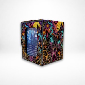 May include: A rectangular card storage box featuring a vibrant, dark illustration of a snarling black cat with glowing cyan eyes, surrounded by sunflowers, autumn trees, and a castle. A single trading card is visible in the front window.