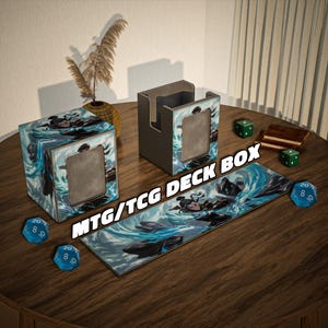 May include: A wooden table displays a deck box, card holder, and playmat with a fantasy art design. The art features a character in a blue and white water-themed scene. Also present are dice and a small book.