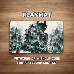 May include: A rectangular playmat featuring a dark fantasy illustration of a towering armored figure amidst a gothic castle landscape with glowing green accents. The text PLAYMAT, WITHZONE OR WITHOUT ZONE FOR RIFTBOUND LOL TCG is visible.