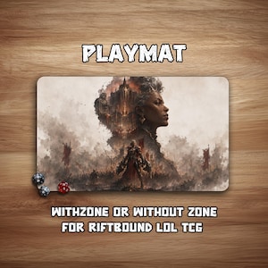 May include: A rectangular playmat featuring a fantasy illustration of a person's profile silhouette containing a dark castle, with a warrior standing in a smoky battlefield below. The text reads PLAYMAT, WITHZONE OR WITHOUT ZONE FOR RIFTBOUND LOL TCG.