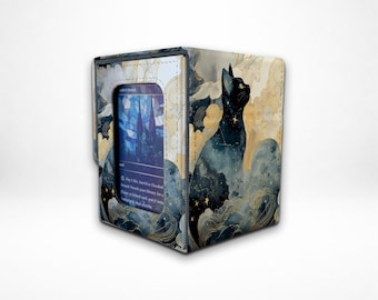 MTG/TCG Deck Box With Commander Display | Leather Card Storage |Stardust Cat Silhouette| Attached-Lid