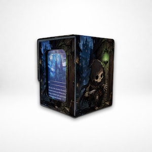 May include: A rectangular deck box featuring a dark fantasy illustration of a hooded skeleton figure holding a dagger in a cobblestone alleyway with a green lantern. The front panel displays a trading card with blue stained glass imagery.