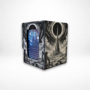 May include: A rectangular deck box featuring a black and white illustration of a towering spire beneath a dark eclipse. The front panel has a clear window displaying a blue stained-glass style trading card with visible printed text.