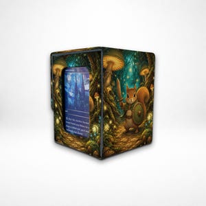 May include: A rectangular deck box for trading cards featuring a vibrant forest illustration with glowing mushrooms and a squirrel warrior holding a sword and shield. A clear window on the front displays a blue card with text and a stained glass design.