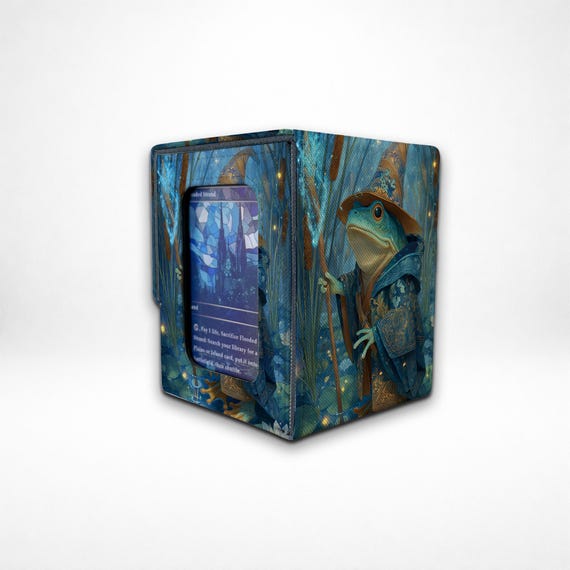MTG/TCG Deck Box With Commander Display | Leather Card Storage |Frog Mage Among Reeds| Attached-Lid