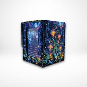 May include: A rectangular deck box featuring a vibrant fantasy illustration of glowing, bell-shaped flowers in shades of orange, pink, and blue against a dark forest backdrop with waterfalls. A single trading card is visible in the front window.