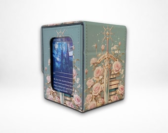 MTG/TCG Deck Box With Commander Display, Leather Card Storage,Rose Sword Silhouette,Attached-Lid