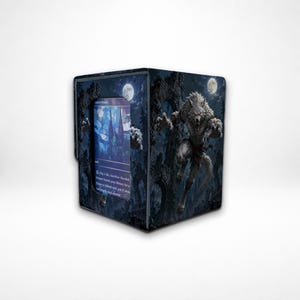 May include: A rectangular trading card deck box featuring a dark, nocturnal scene with a snarling werewolf leaping through ruined stone arches under a full moon. A transparent window on the front displays a blue-toned card with stained glass art.