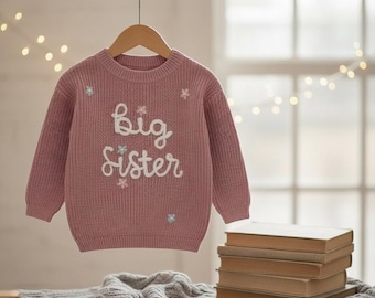 Big Sister Knitted Sweater – Baby Girl Jumper – New Sibling Outfit – Big Sister Announcement Gift