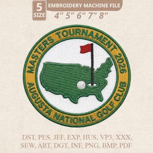 Puede incluir: Parche bordado con un diseño de campo de golf. Presenta un mapa verde de los Estados Unidos, una pelota de golf y una bandera roja. El texto dice "Masters Tournament 2026 Augusta National Golf Club". Los tamaños de los parches son 10,16 cm, 12,7 cm, 15,24 cm, 17,78 cm y 20,32 cm.
