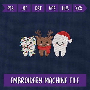 Peut inclure: Motif de broderie machine avec trois dents de dessin animé. L'une est décorée de guirlandes lumineuses, une autre est un renne et la troisième porte un bonnet de Père Noël. Le texte "EMBROIDERY MACHINE FILE" est affiché en dessous.