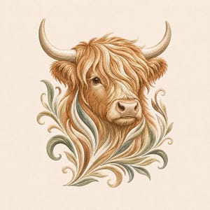 Op de afbeelding: Een gedetailleerde illustratie van een Schotse Hooglander-kop met lang, ruig, lichtbruin haar en gekromde hoorns. De koe wordt omlijst door decoratieve, vloeiende bladachtige krullen in gedempte tinten groen, crème en bruin op een crèmekleurige achtergrond.