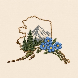 Alaska Map Embroidery Design, Forget Me Not Mountain Landscape (Digital Download)