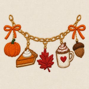 May include: An embroidered gold chain garland featuring two orange bows at the ends. The chain holds five charms: an orange pumpkin, a slice of pumpkin pie with whipped cream, a red maple leaf, a mug with whipped cream and a red heart, and an acorn.