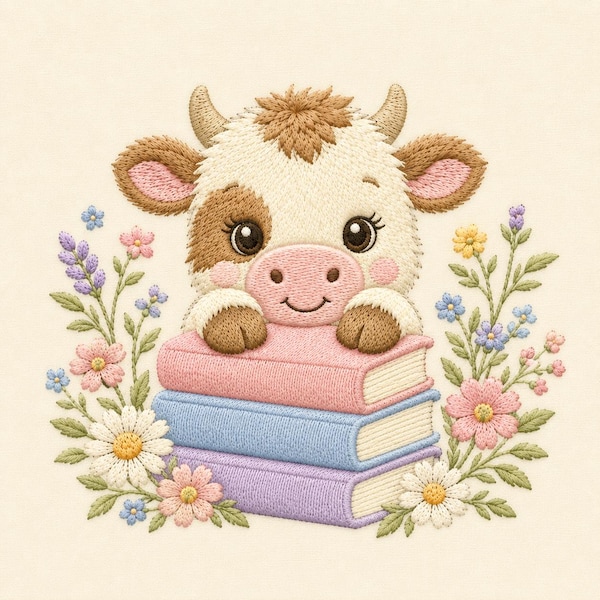 Cow Reading Books Machine Embroidery Design, Farm Animal Floral Pattern (Digital Download)