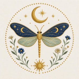 Puede incluir: Un diseño de bordado que presenta una libélula central con alas superiores azul oscuro y alas inferiores verde claro. El cuerpo es dorado, flanqueado por tallos florales con flores azules y blancas. Una luna creciente, un sol y estrellas doradas enmarcan al insecto.