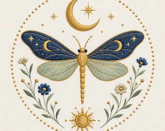 Celestial Dragonfly Embroidery Design, Sun Moon Stars, Boho Floral Pattern (Digital Download)