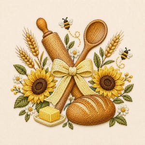 Pode incluir: Um bordado apresentando um rolo de massa e uma colher de madeira atados com uma fita amarela, acompanhados por girassóis, espigas de trigo, um pão, um pedaço de manteiga num prato pequeno e duas pequenas abelhas.