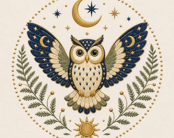 Celestial Owl Embroidery Design, Sun Moon Stars Machine File, Boho Floral Pattern (Digital Download)