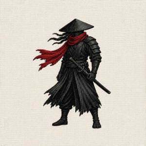 Pode incluir: Um emblema bordado apresentando um guerreiro vestido com armadura preta e um chapéu cônico, usando um cachecol vermelho esvoaçante ao redor do pescoço. A figura está em posição defensiva, segurando uma espada katana longa ao lado em fundo claro.